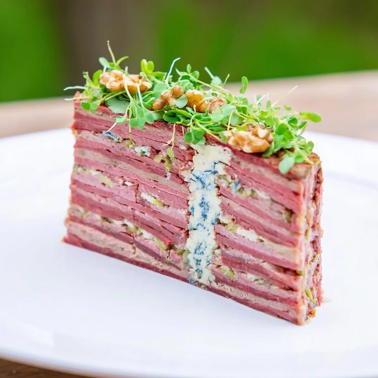 This savory The Grand Canyon Rim terrine is ready to be sliced, revealing beautiful meat and cheese layers.