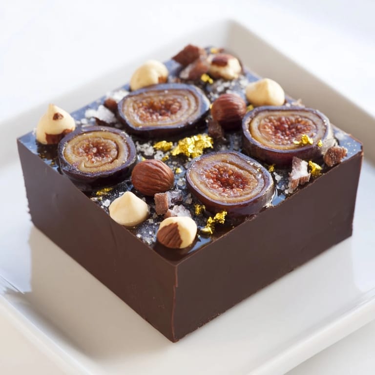 A close-up of The Midnight Mosaic reveals a rich, dark treat with figs, olives, and a hint of salt.