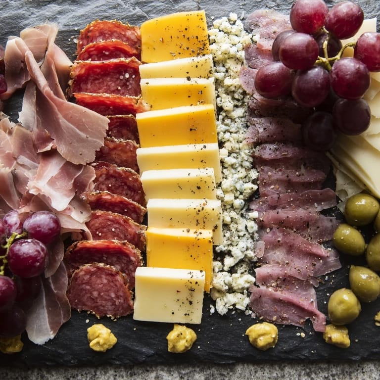 A modern Industrial Slate display: cold cuts and sharp cheeses arranged artfully for serving, beautifully appetizing.