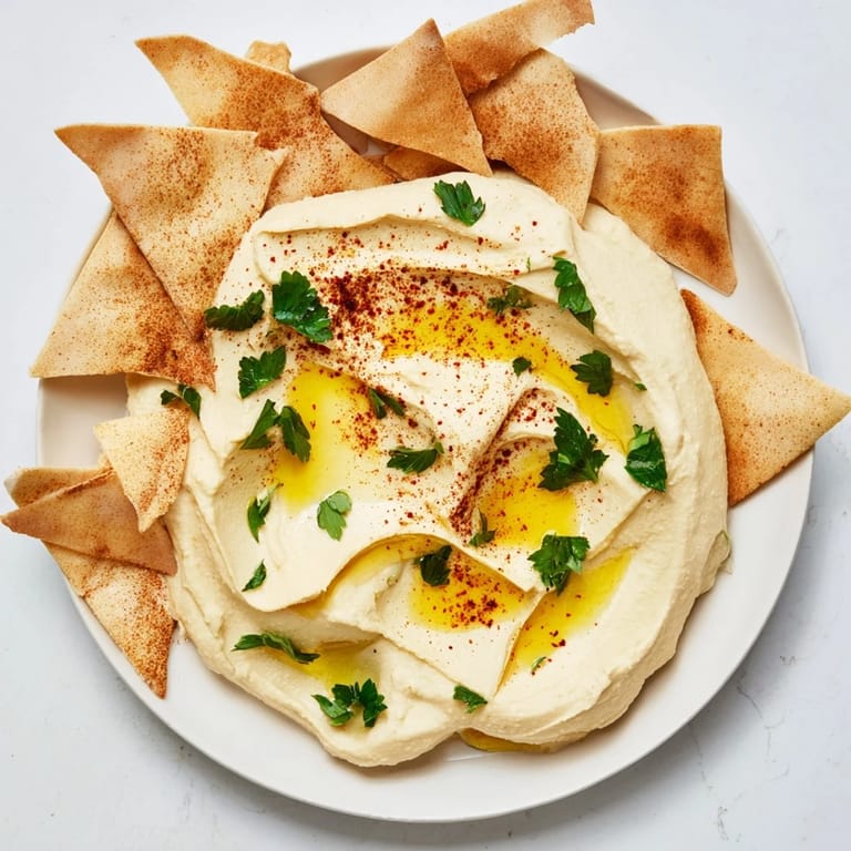 Appetizing photo of The Sahara Dune: creamy, textured hummus with toasted, flavorful pita.