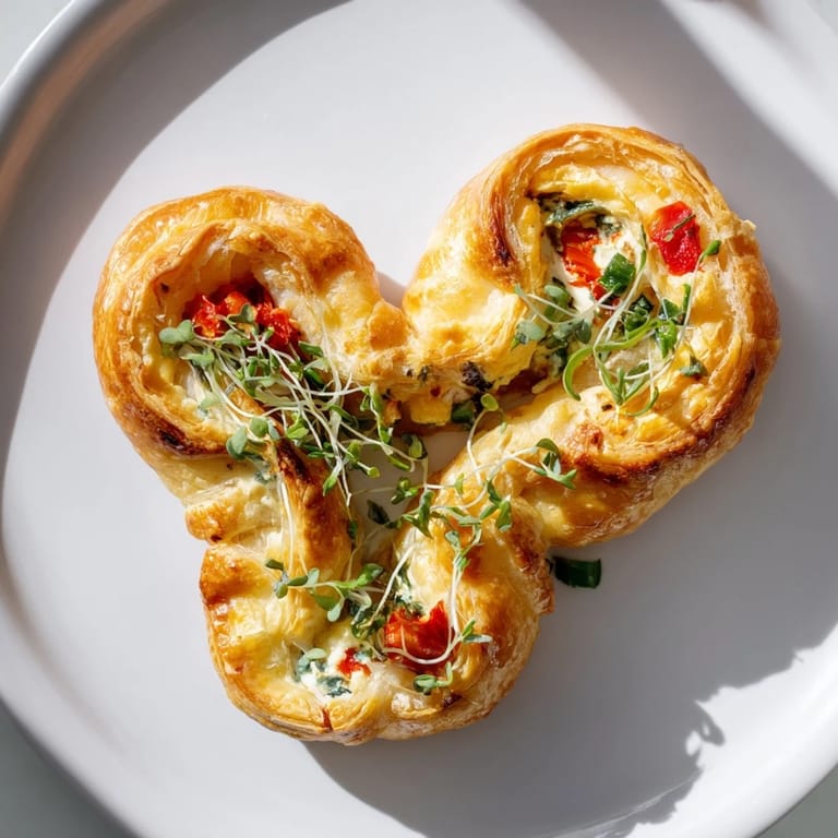 Crisp, heart-shaped Cœurs Entrelacés appetizer with a flavorful filling of goat cheese and roasted peppers.