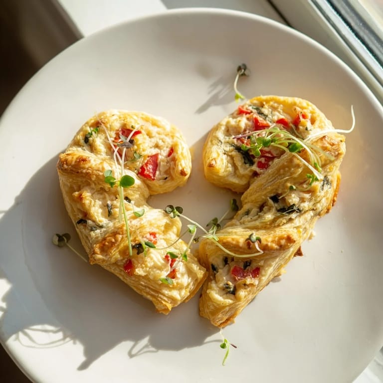 Delicate Cœurs Entrelacés: Flaky puff pastry hearts filled with creamy goat cheese, ready to be enjoyed.