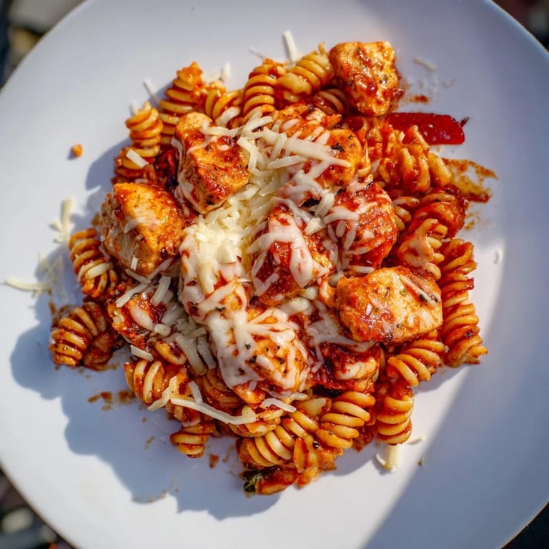 A close-up view of the hearty One-Pan Pizza Pasta, showcasing the cheesy, saucy, deliciousness inside.