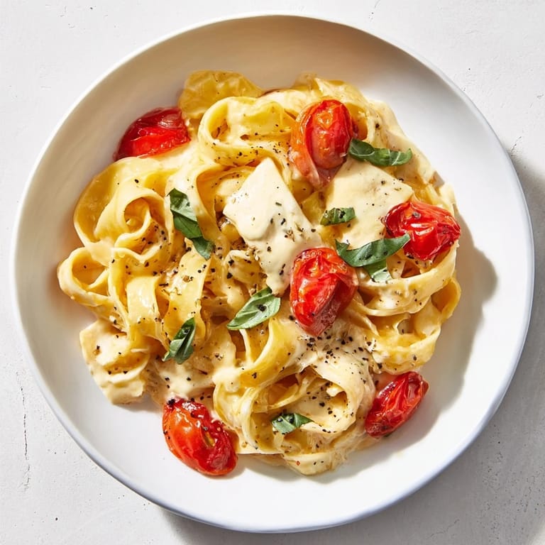 Indulge in this Baked Brie Pasta Sauce: bubbly cheese combines with sweet tomatoes, tossed with pasta.