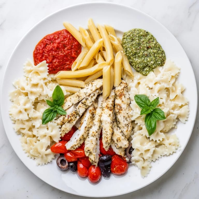 This Girl Dinner Pasta Board offers various Italian flavors: spaghetti, penne, farfalle with marinara, pesto, and Alfredo.