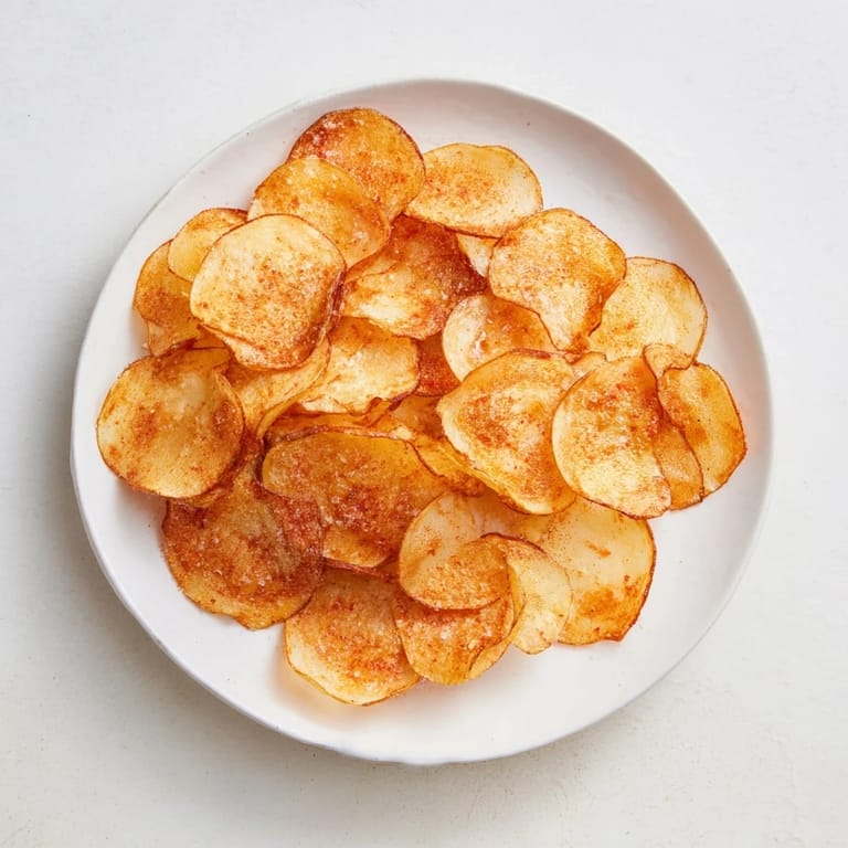Close-up of thin, crunchy Homemade Air-Fryer Potato Chips, a healthier snack with a light, airy texture.