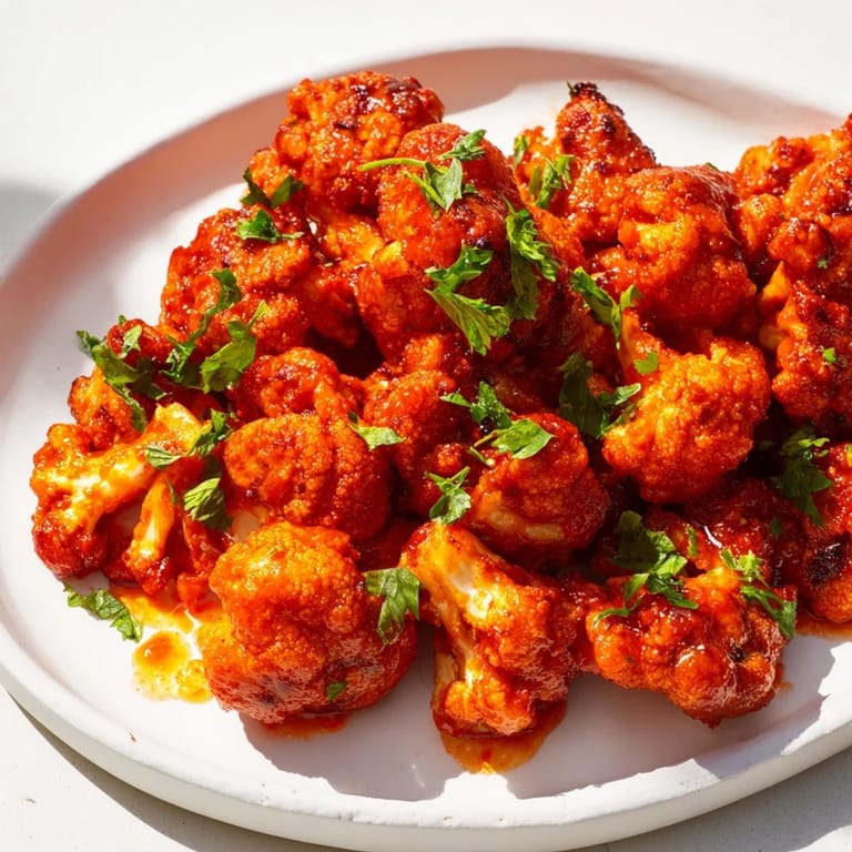 Close-up of baked Sriracha-Buffalo Cauliflower Bites, glistening with sauce, perfect party appetizers.