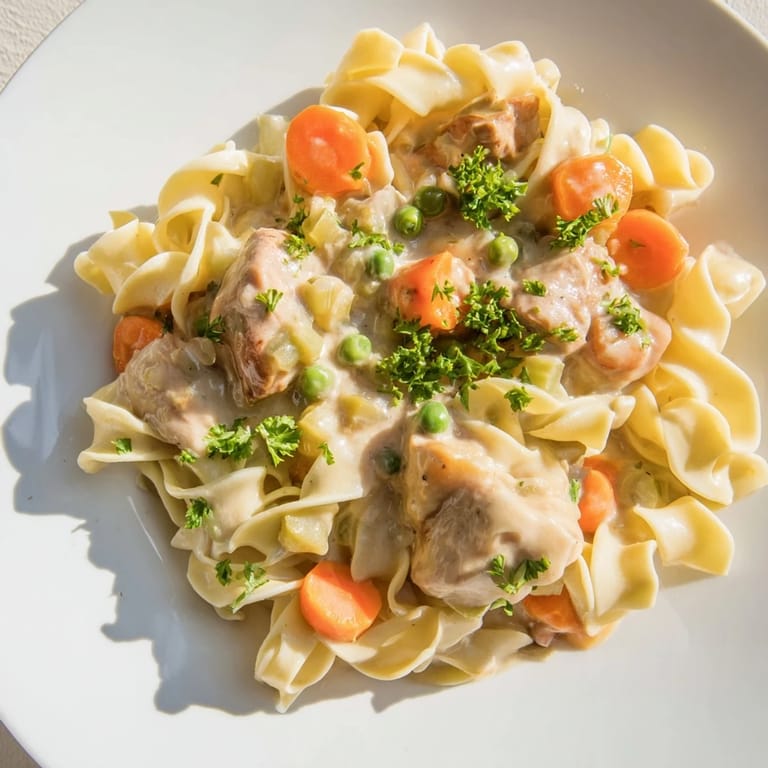 Close-up of golden egg noodles mingling with Creamy Chicken and a rich, creamy sauce.
