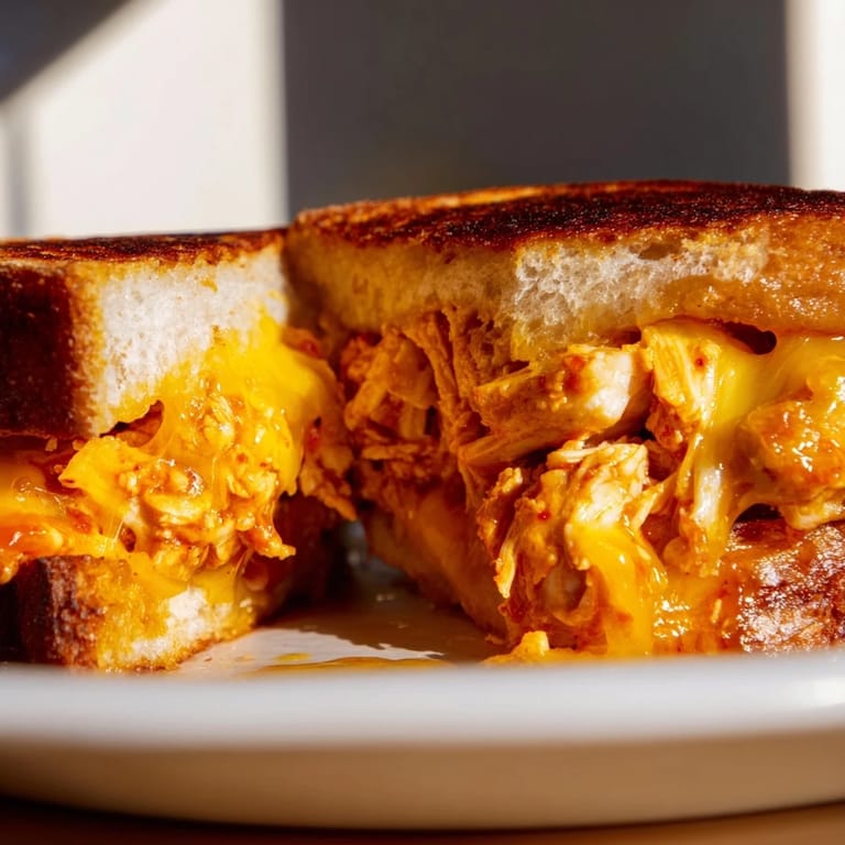 Crispy sourdough hugging flavorful Chili Crisp Honey Chicken Grilled Cheese, ready to be devoured.