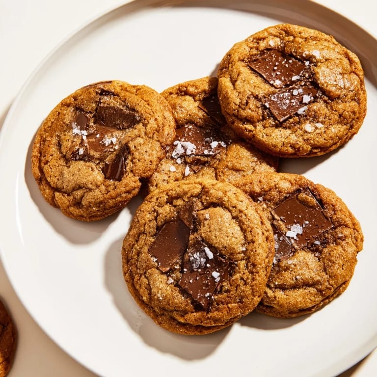 Warm, gooey Miso Brown Butter Cookies, cooling on a rack, sprinkled with flaky sea salt.