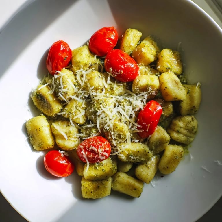 Pan-fried crispy gnocchi coated in fresh basil pesto, topped with Parmesan for a flavorful Italian meal.