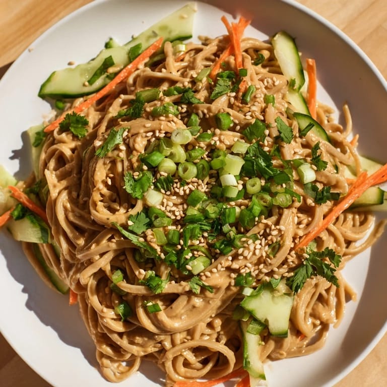 Delicious cold sesame noodles, featuring a creamy sesame sauce, topped with fresh cilantro garnish and sesame seeds.