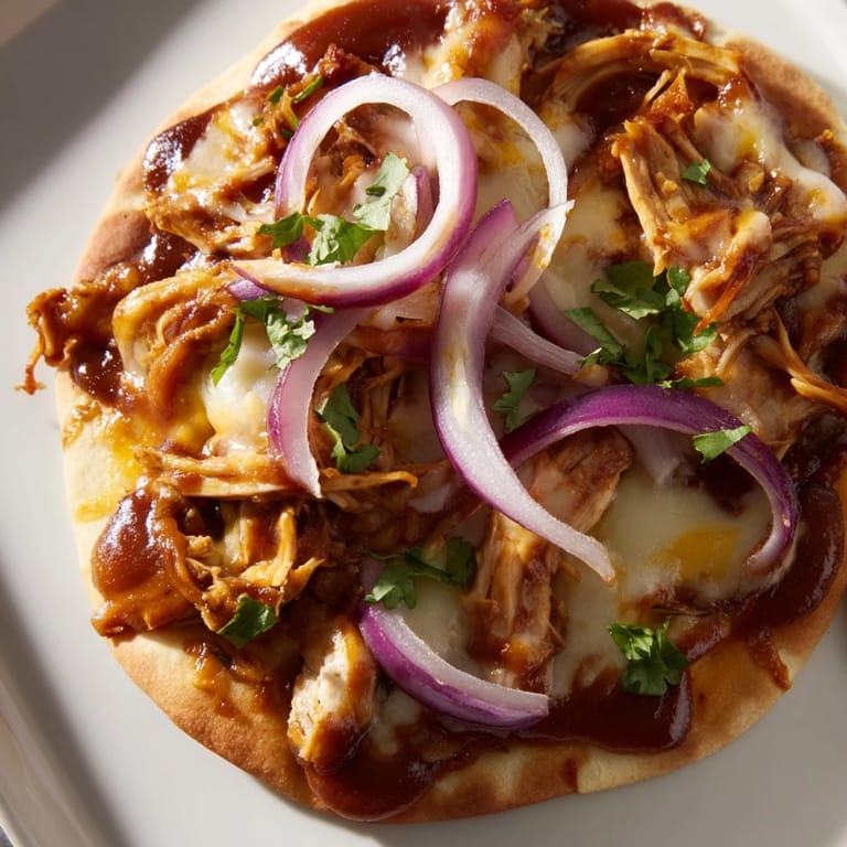 Freshly baked BBQ Chicken Flatbread, ready to slice, with crispy crust and savory toppings.