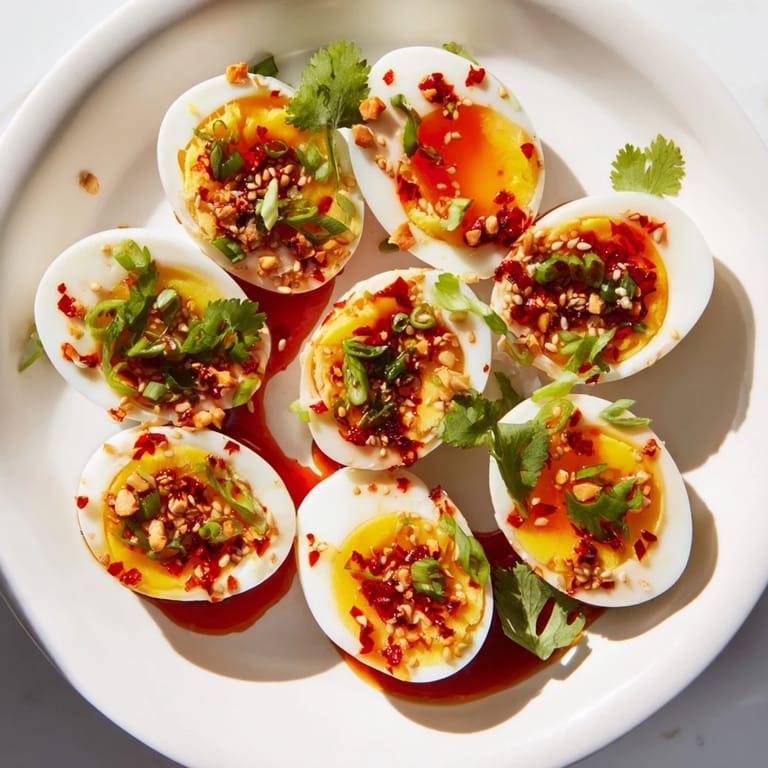 A plate of Chili Oil Eggs: jammy eggs coated in a flavorful, sesame-studded chili oil.
