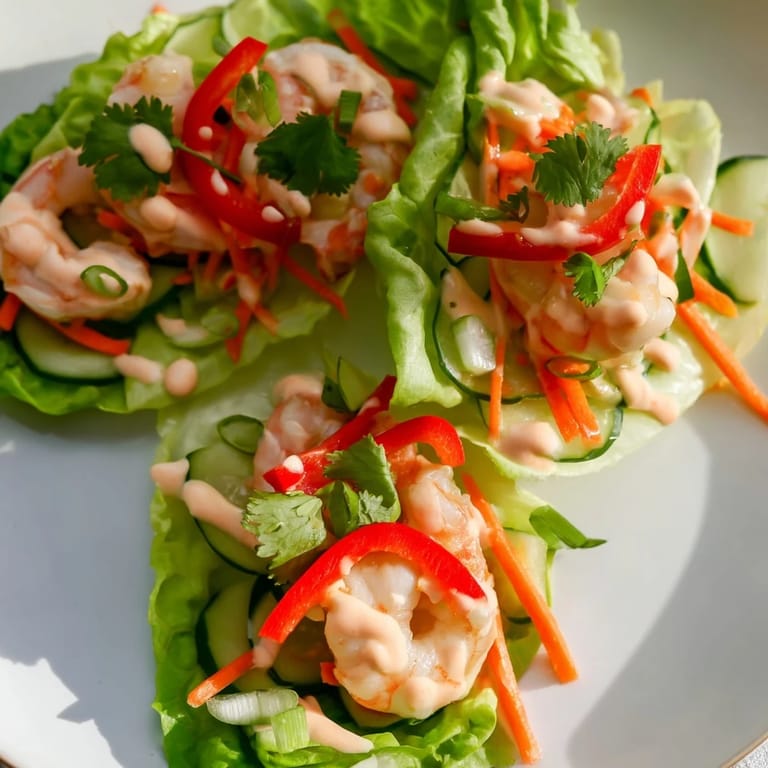 A close-up shot of Shrimp Lettuce Cups, perfectly arranged with vibrant vegetables and a creamy sauce.