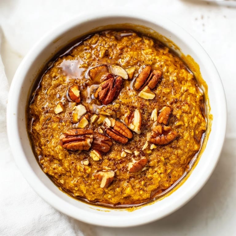 Golden-brown Pumpkin Spice Baked Oats, perfectly baked, and topped with chopped pecans for a delicious breakfast.