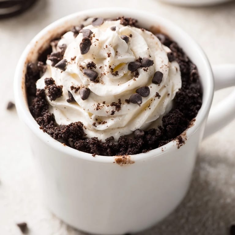 Steaming hot Oreo mug cake, a quick and easy single-serve dessert with rich, fudgy texture.