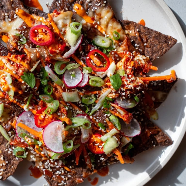 Golden, bubbly cheese blankets Korean BBQ nachos piled high with marinated beef and fresh veggies.