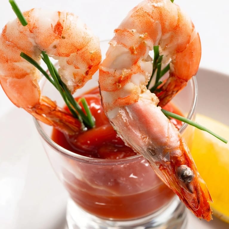 Elegant shot glasses overflowing with flavorful Retro Prawn Cocktail Shooters, a delightful appetizer choice.