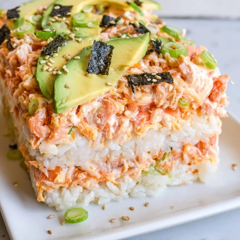 A close-up of a delicious sushi bake casserole, ready to serve with soy sauce and nori.