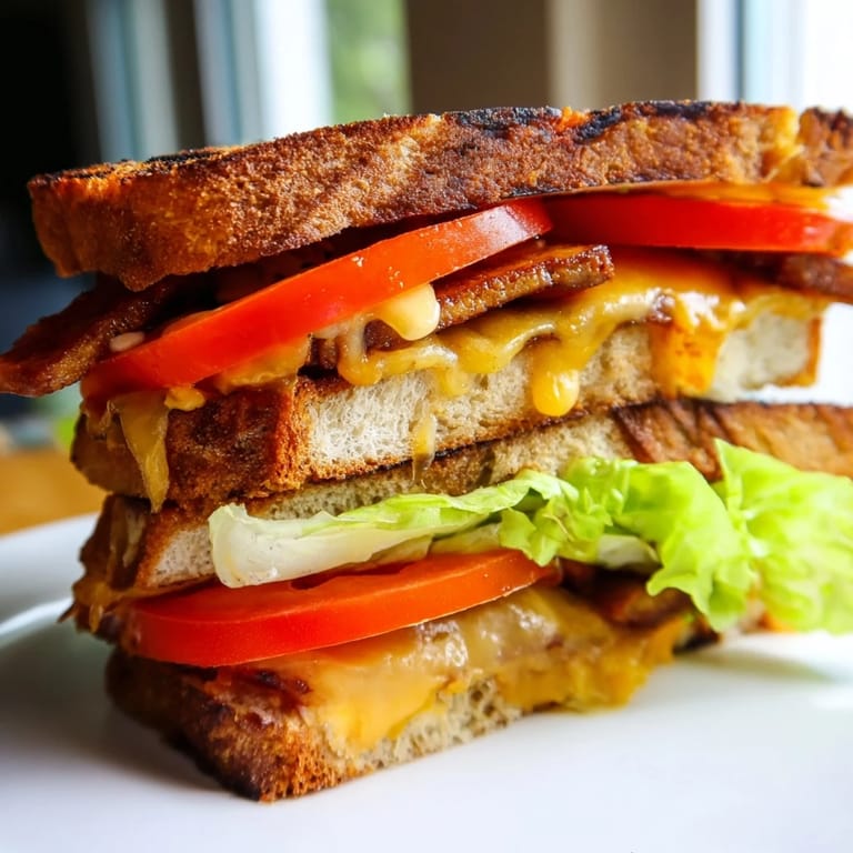 A hot Vegan Bacon BLT Grilled Cheese served with a creamy tomato soup dip, perfect for a comforting plant-based lunch.