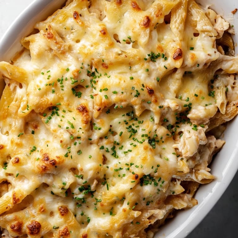 Chicken Ranch Pasta Bake fresh from the oven, featuring golden, bubbly mozzarella and parsley topping.