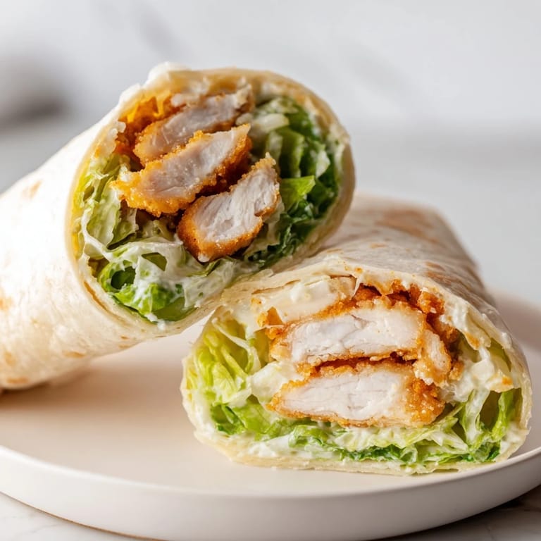 Perfectly fried Crispy Chicken Caesar Wrap served on a plate with lemon wedges and extra Parmesan for a satisfying quick meal.