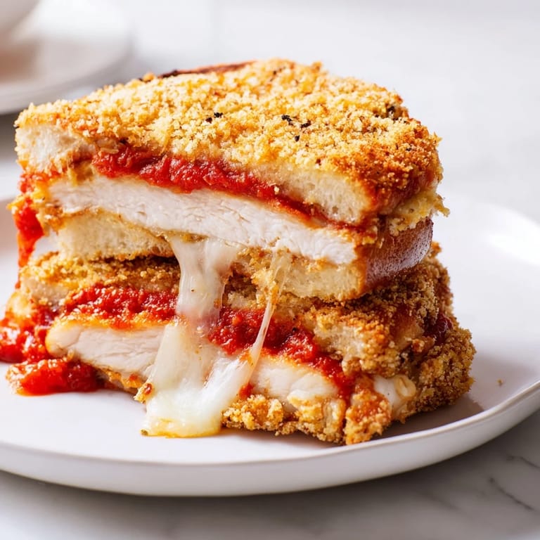 Homemade Chicken Parm Grilled Cheese sandwiches, perfectly grilled with crispy edges, fresh basil, and a side of warm marinara for dipping.