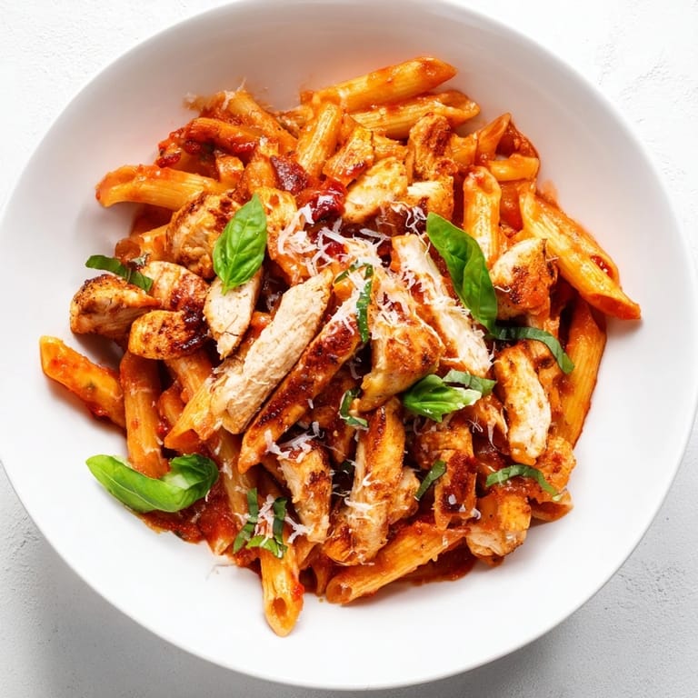 Family-style serving of Spicy Tomato Chicken Pasta in a large pan, featuring a zesty tomato sauce and hearty protein for a satisfying Italian-American meal.