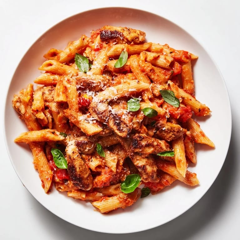 A close-up of Spicy Tomato Chicken Pasta shows juicy chicken nestled in al dente penne, garnished with fresh basil and a sprinkle of Parmesan.  