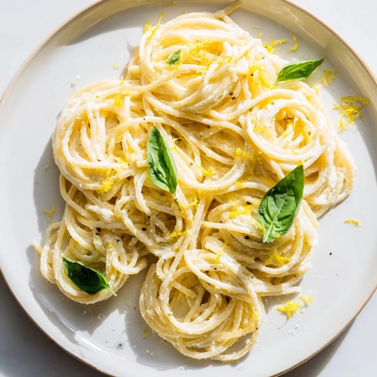 Close-up of Lemon Ricotta Pasta showing rich, creamy texture, fresh lemon zest, and Parmesan cheese over perfectly cooked spaghetti noodles.