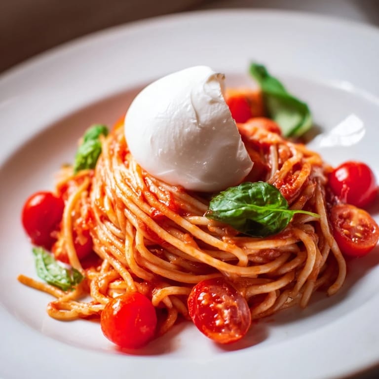 A comforting bowl of Burrata Caprese Pasta featuring melted burrata, ripe tomatoes, and fragrant basil leaves for a classic Italian main dish.