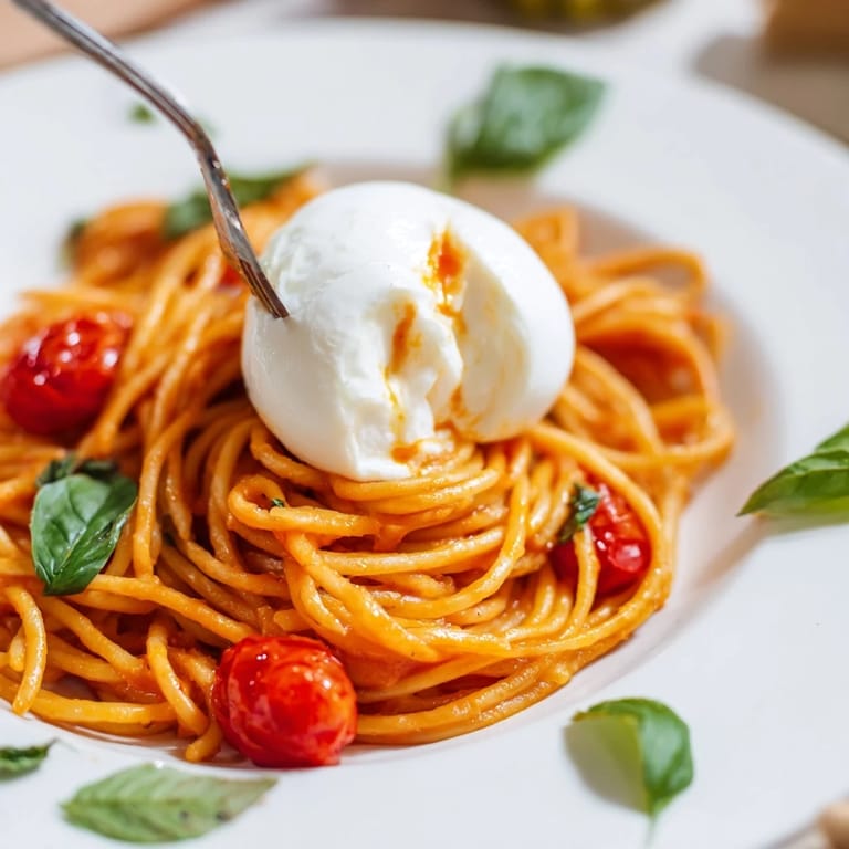 Serving suggestion for Burrata Caprese Pasta: torn burrata, olive oil drizzle, and fresh basil over hot spaghetti for a cheese pull.