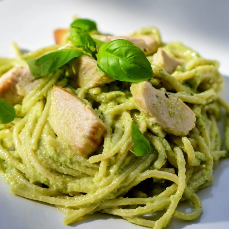 Creamy Avocado Chicken Pasta features fork-tender pasta coated in fresh avocado sauce, bright lemon notes, and juicy grilled chicken slices.