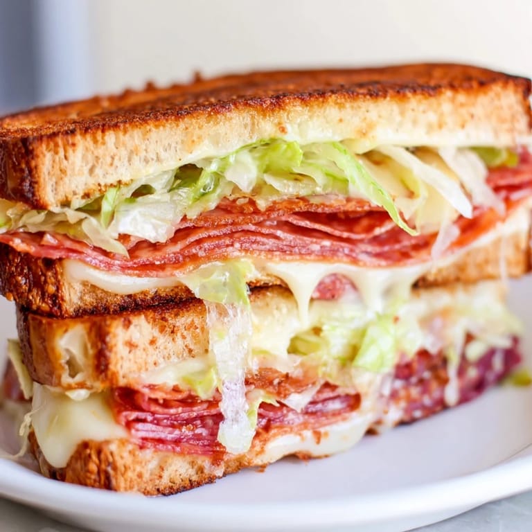 A close-up of a hot Italian Sub Grilled Cheese cut diagonally, revealing layers of cold cuts and tangy lettuce.  