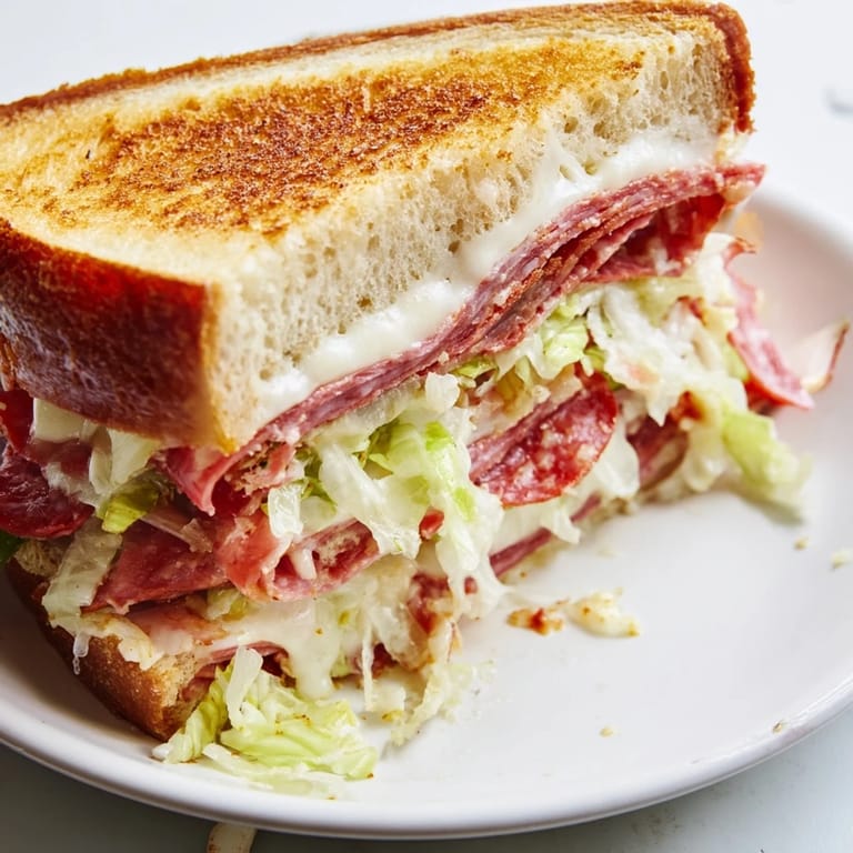 Grilled to perfection, this Italian Sub Grilled Cheese features melted cheese, savory meats, and a crisp lettuce topping.