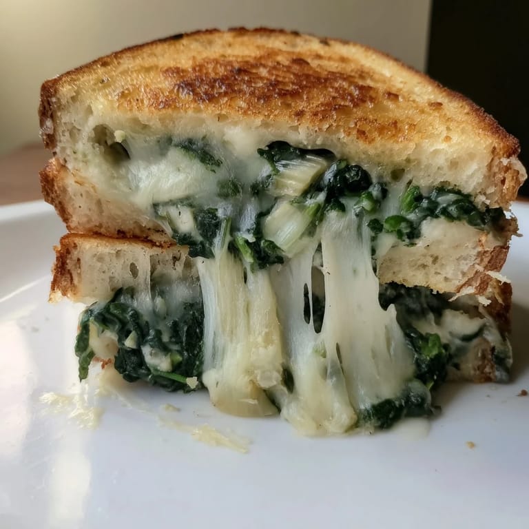 Artichoke Spinach Grilled Cheese rests on a cutting board, sliced to reveal layers of gooey melted mozzarella and Monterey Jack inside.  