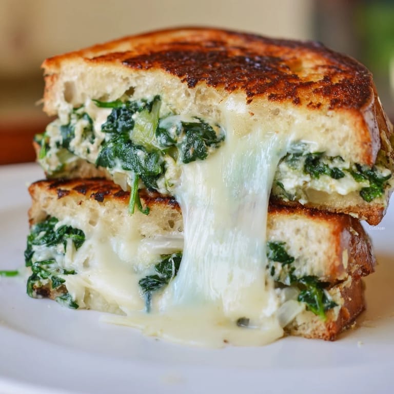 This golden-grilled Artichoke Spinach Grilled Cheese pairs perfectly with a steaming bowl of tomato soup for a comforting lunch.