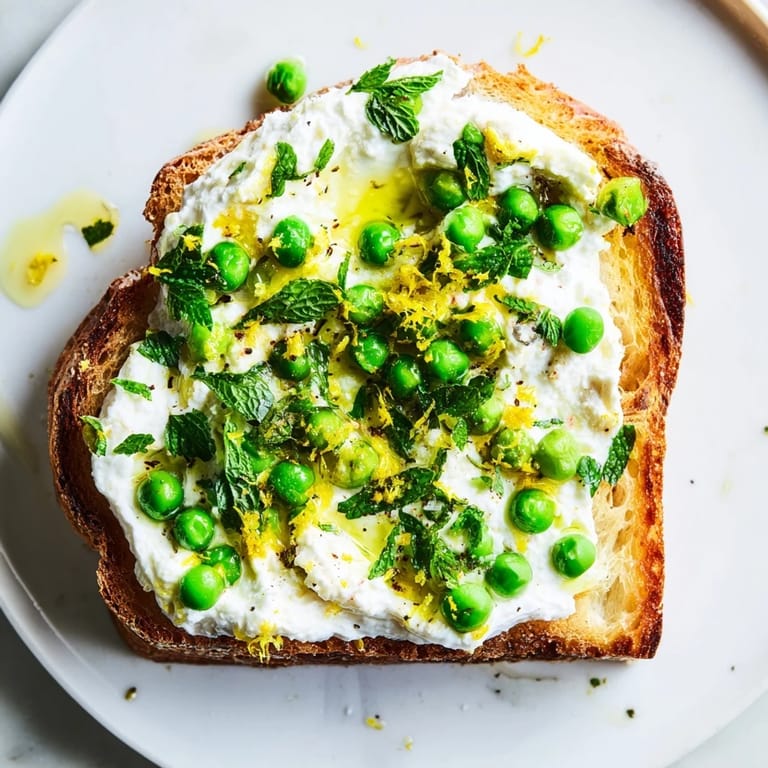 Four slices of golden brown sourdough toast are generously spread with a smooth, pale green pea and mint ricotta mixture, finished with lemon zest.