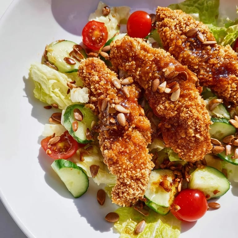 Close-up of a hearty Crispy Hot Honey Chicken Salad, showcasing golden-brown chicken, colorful salad greens, and a generous drizzle of shimmering spicy honey.