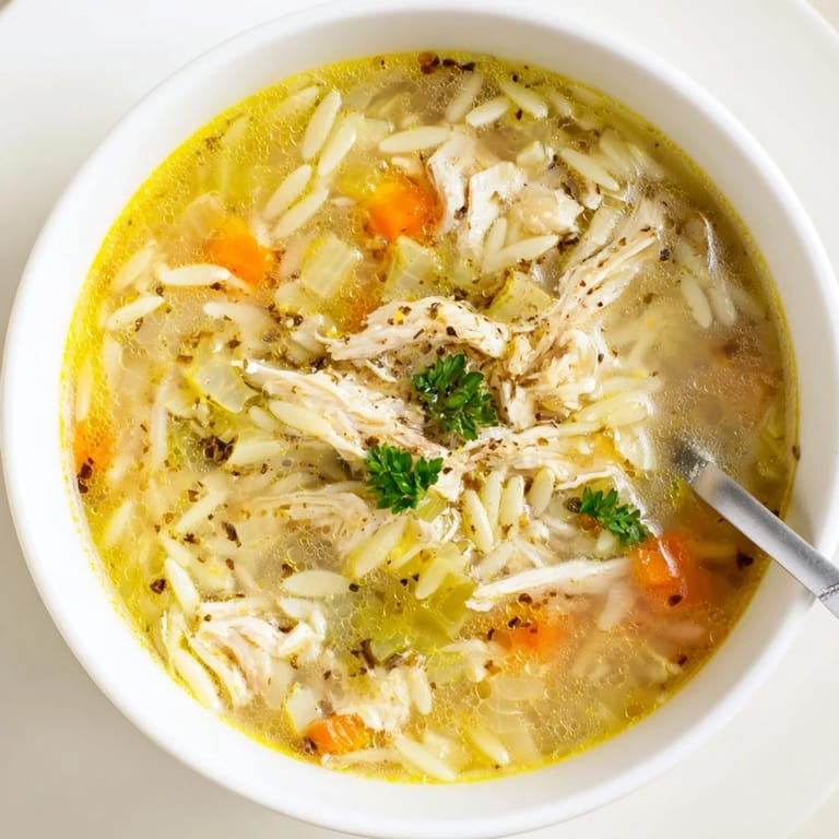 Vibrant Lemon Pepper Chicken Orzo Soup featuring tender chicken and orzo pasta in a clear broth.