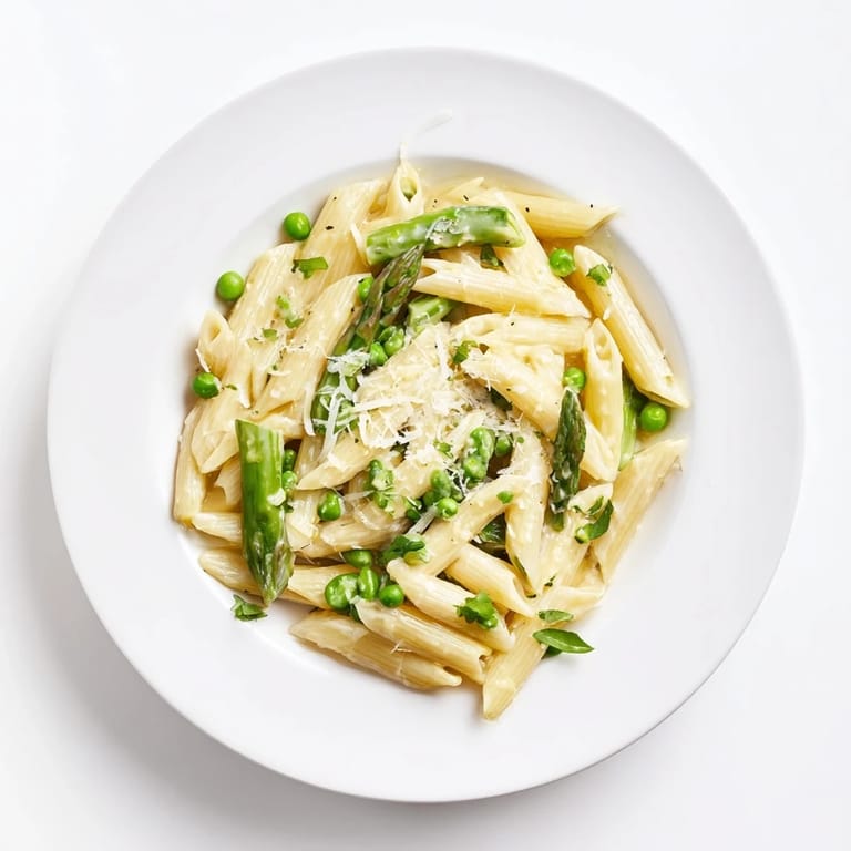 Garlic Parmesan Spring Vegetable Pasta in a white bowl, garnished with lemon zest and basil, highlighting the creamy sauce coating each piece of pasta.