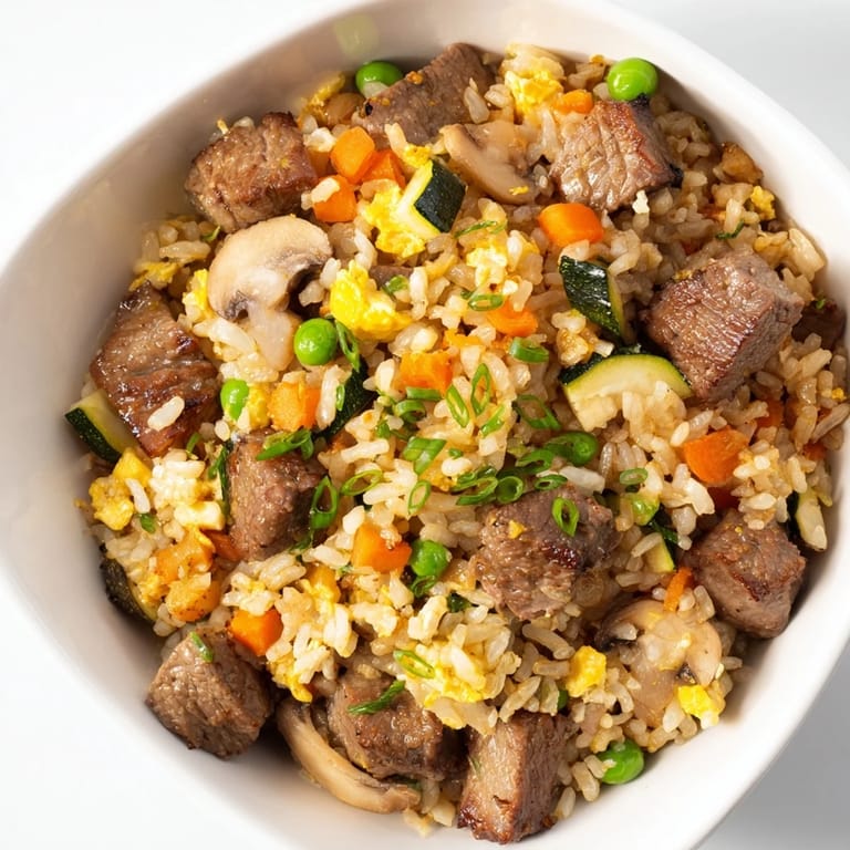 Golden-brown fried rice with diced carrots, peas, and tender steak pieces, garnished with sesame seeds on a rustic kitchen counter for a home-cooked meal.