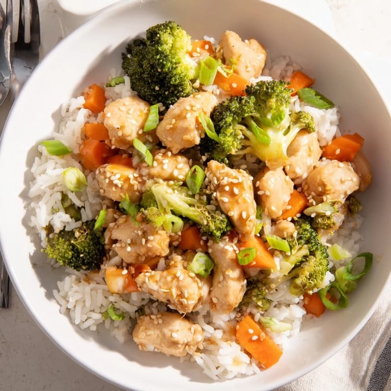 A close-up view of One Pan Honey Garlic Chicken Broccoli Rice garnished with green onions and sesame seeds.