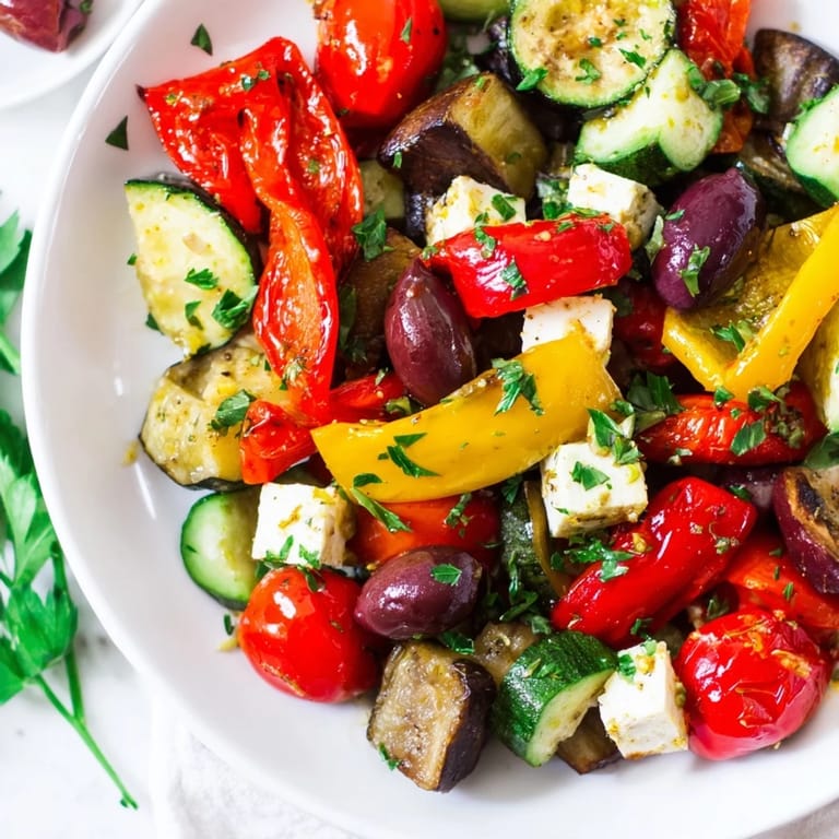 This vibrant Roasted Greek Salad is served warm over cucumber slices, finished with fresh parsley and a crumble of feta.