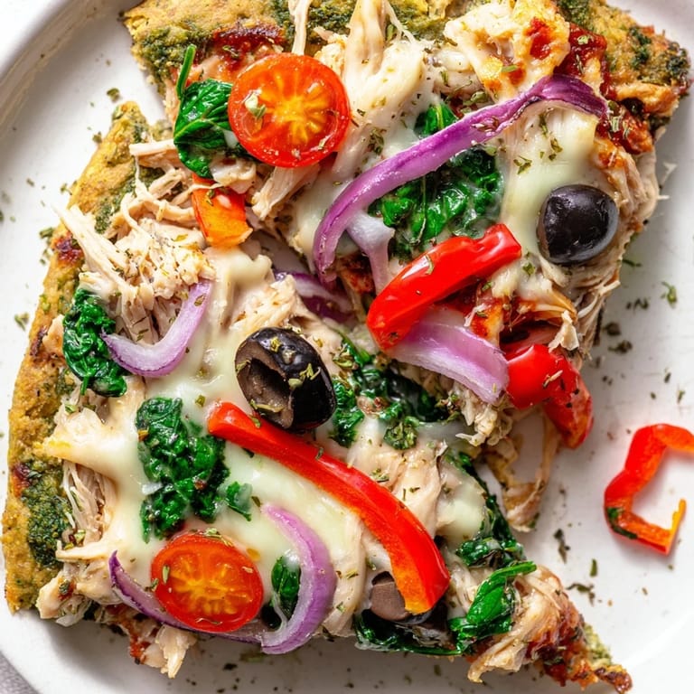 A close-up of a slice of Broccoli Chicken Crust Pizza with melted cheese and spinach, served on a white ceramic plate.
