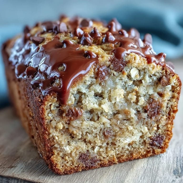 Golden-brown chocolate chip peanut butter oatmeal banana bread, ready to be enjoyed.
