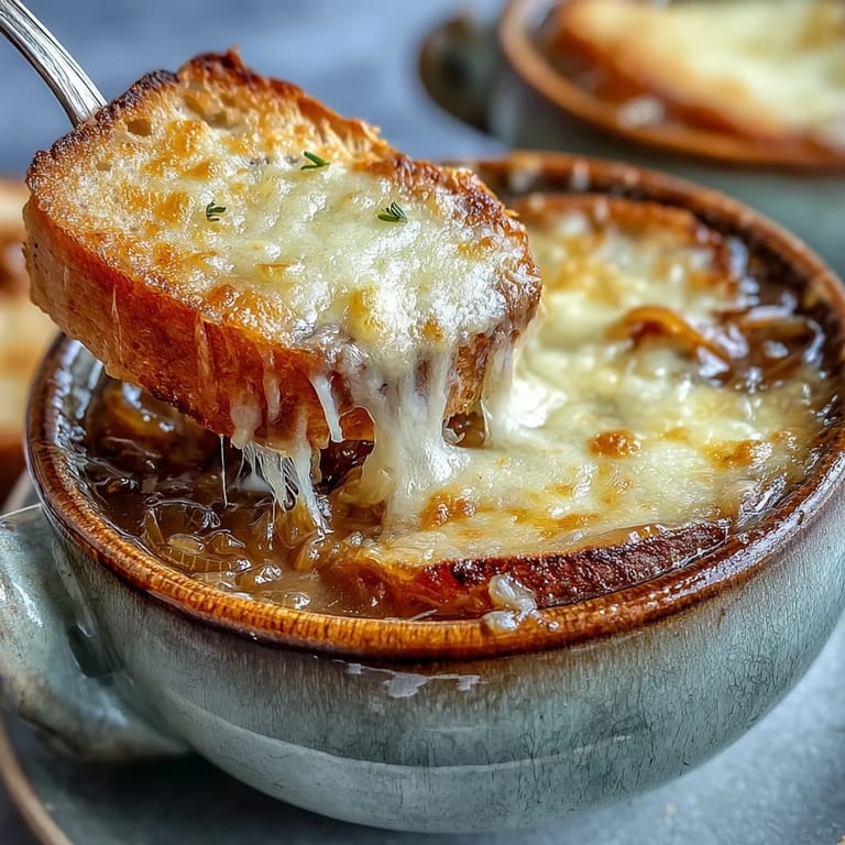 Golden broiled Gruyère crowns a steaming bowl of Classic French Onion Soup.