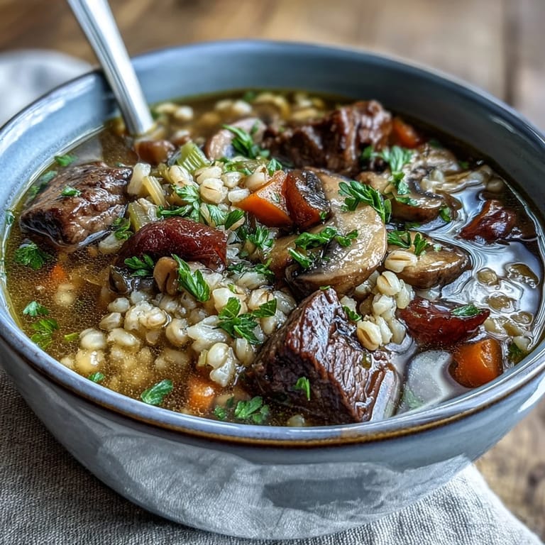 Rich Beef and Barley Soup, packed with barley and root vegetables, ready to serve.