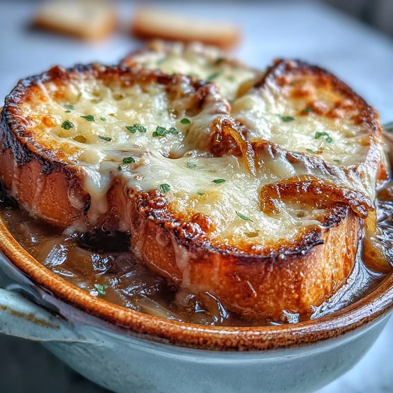 Rich French Onion Soup, topped with melted cheese and crusty baguette.